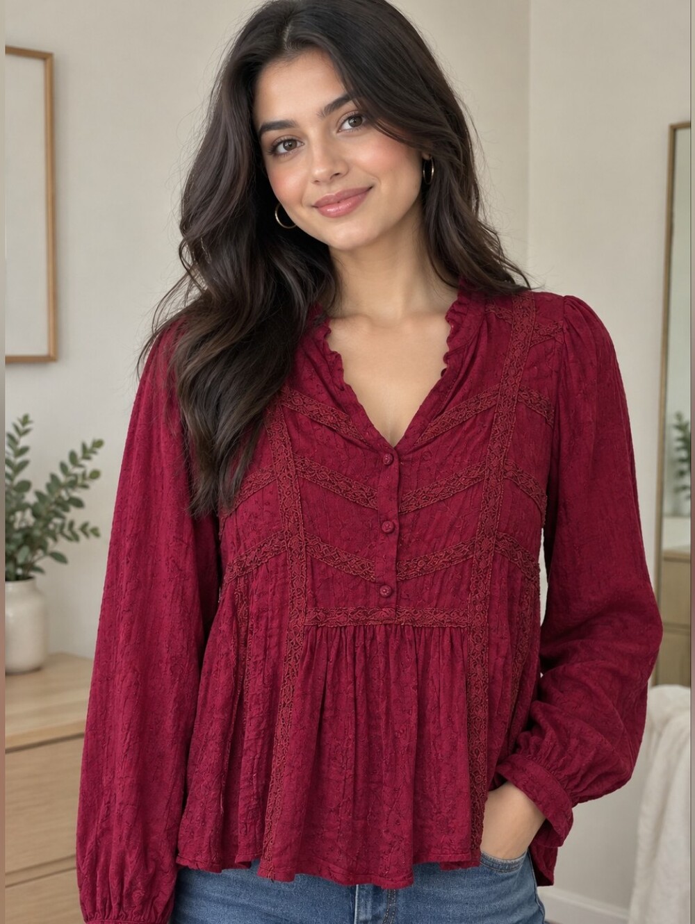 Boho Lace-Detail Button Front Peasant Blouse - Burgundy